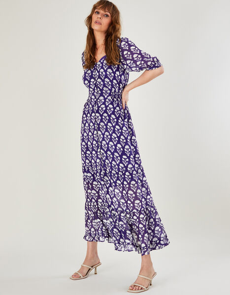 Wendy Woodblock Print Maxi Dress in Sustainable Viscose Blue, Blue (NAVY), large