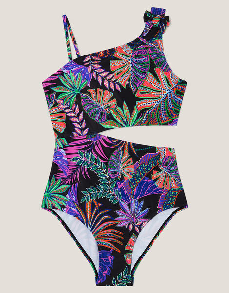 Tropical Print Asymmetrical Cut-Out Swimsuit, Black (BLACK), large