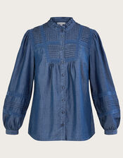 Lace Insert Denim Chambray Blouse, Blue (DENIM BLUE), large