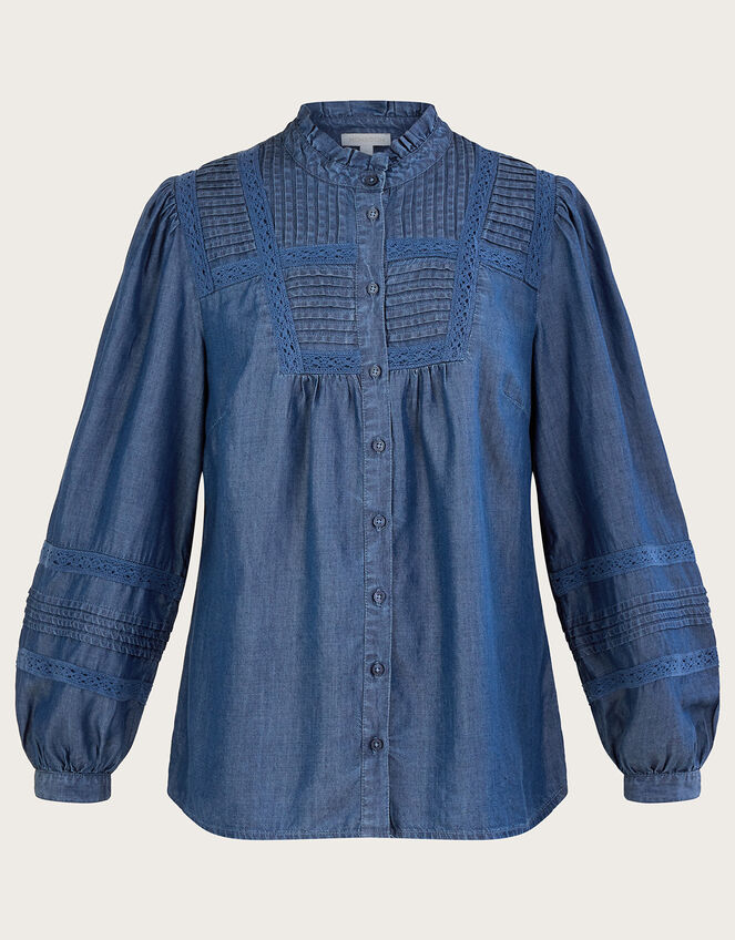 Lace Insert Denim Chambray Blouse, Blue (DENIM BLUE), large