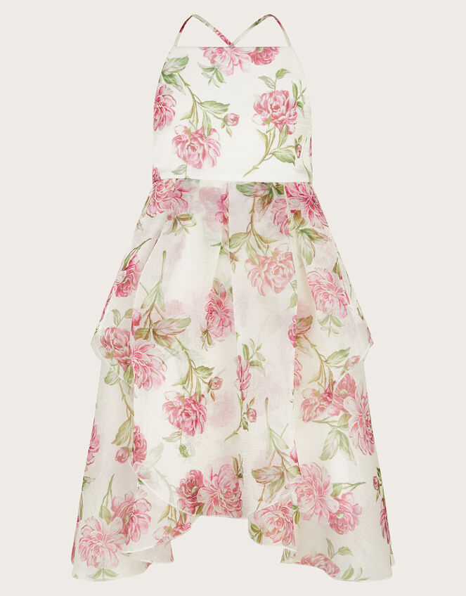 Strappy Peony Print Organza Dress, Ivory (IVORY), large