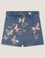 Butterfly Sequin Denim Skort, Blue (BLUE), large