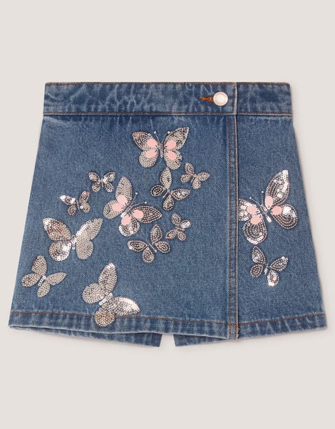 Butterfly Sequin Denim Skort, Blue (BLUE), large