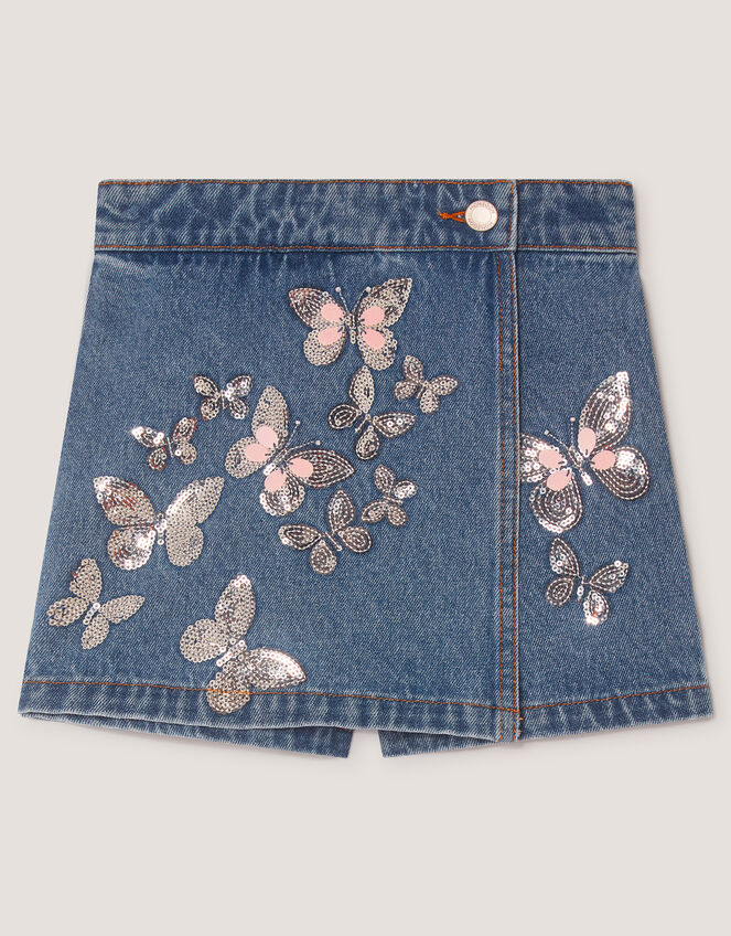 Butterfly Sequin Denim Skort, Blue (BLUE), large