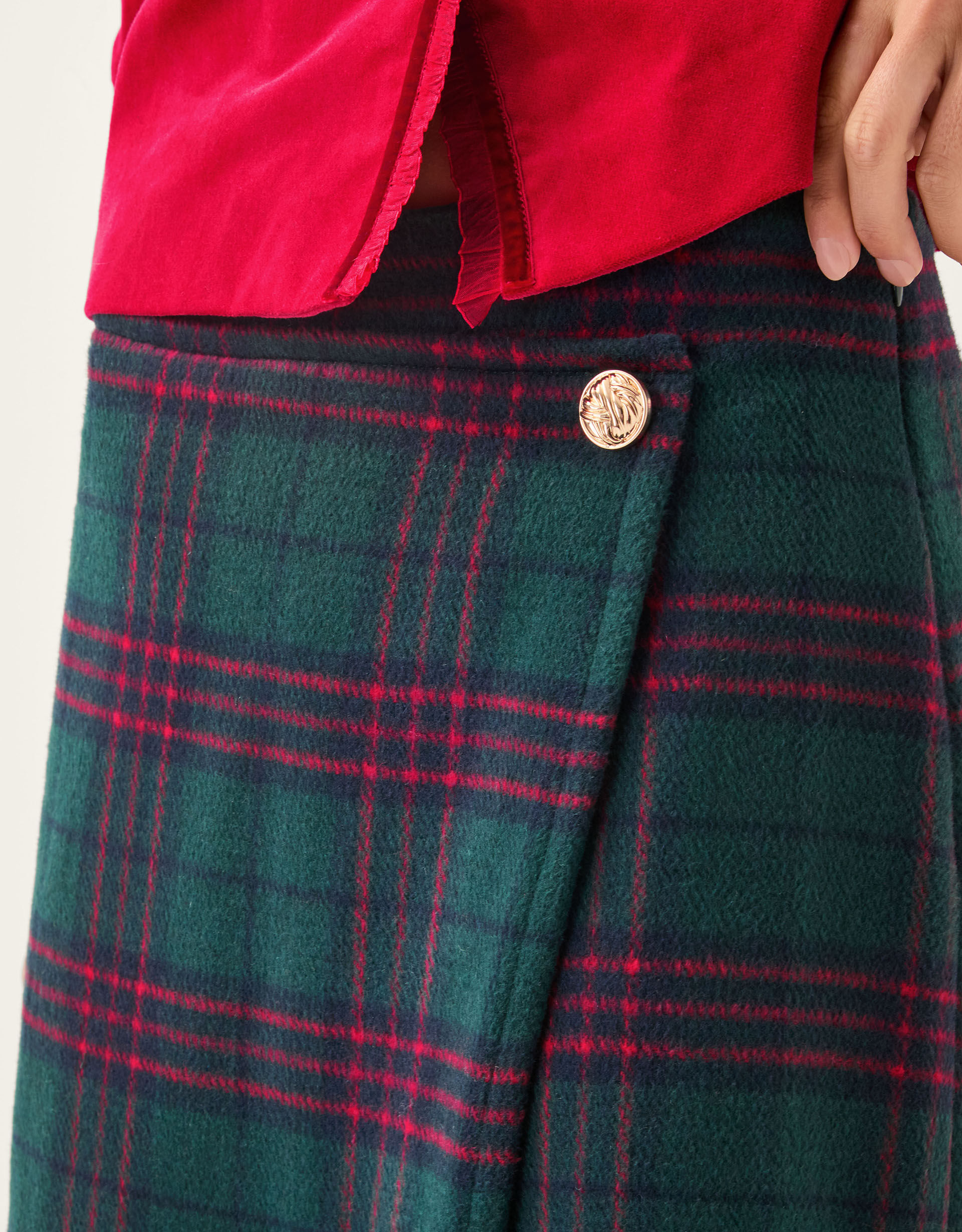 Monsoon x Sarah Corbett-Winder Tartan Fringe Midi Skirt Teal