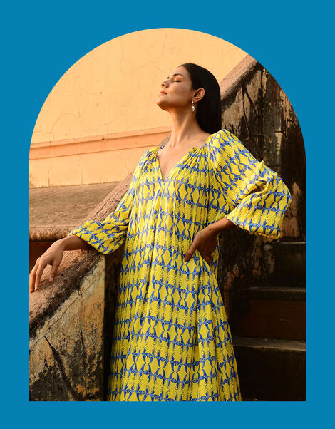 DEEBA Oozie Print Dress, Yellow (YELLOW), large