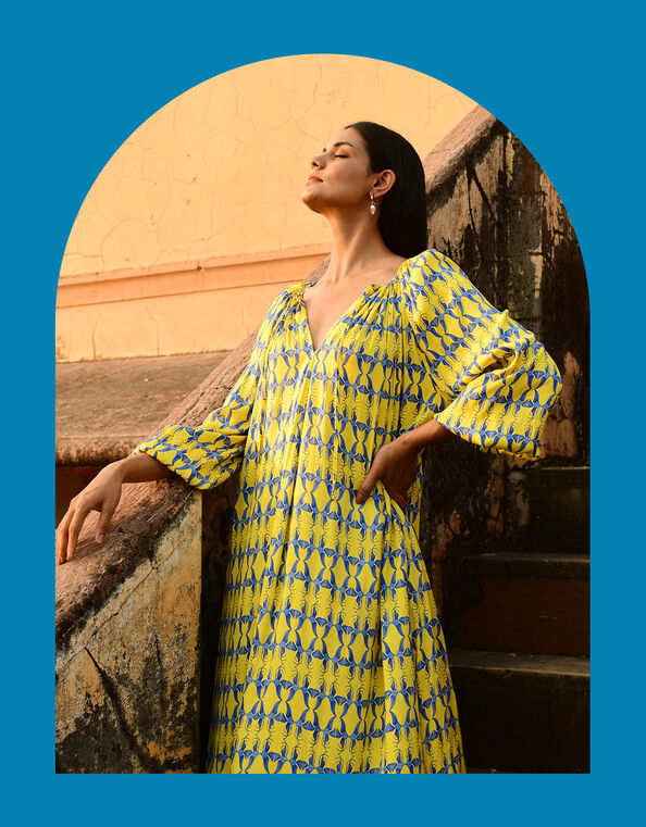 DEEBA Oozie Print Dress, Yellow (YELLOW), large