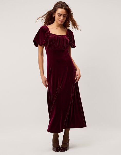 Cynthia Puff Sleeve Velvet Midi Dress, Red (BURGUNDY), large