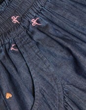 Embroidered Chambray Cuffed Trousers, Blue (BLUE), large