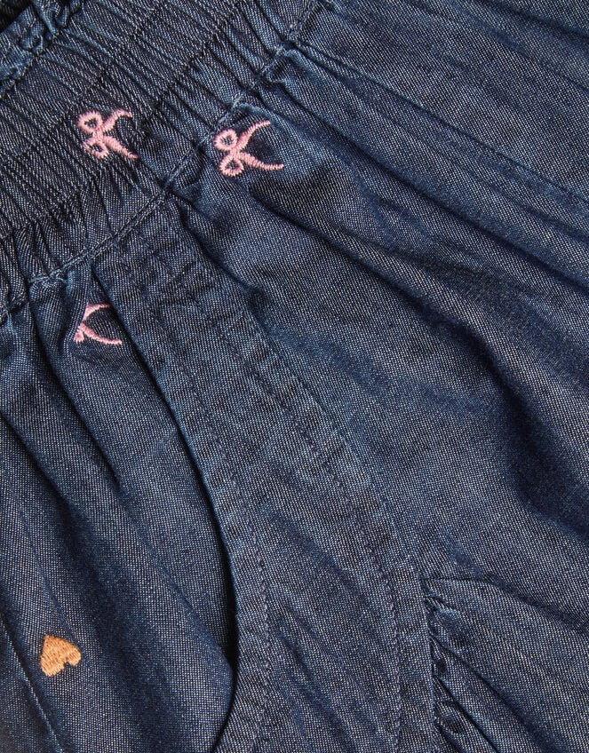 Embroidered Chambray Cuffed Trousers, Blue (BLUE), large