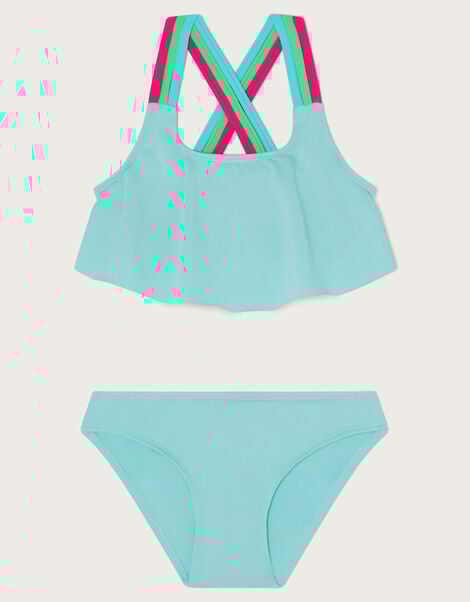 Cross Strap Frilly Bikini Set, Blue (TURQUOISE), large