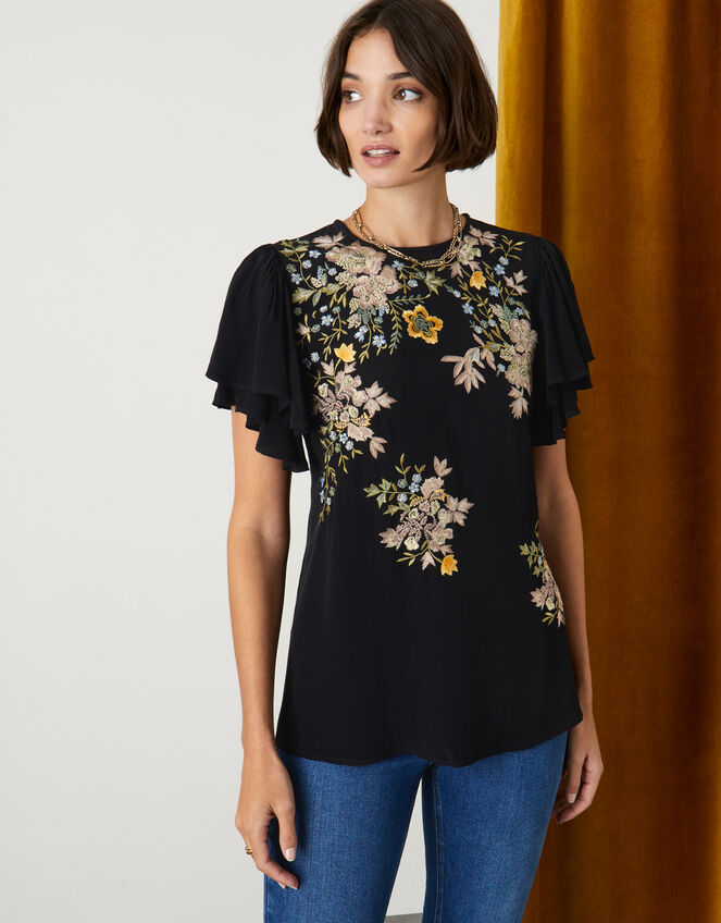 Floral Embroidered Top, Black (BLACK), large