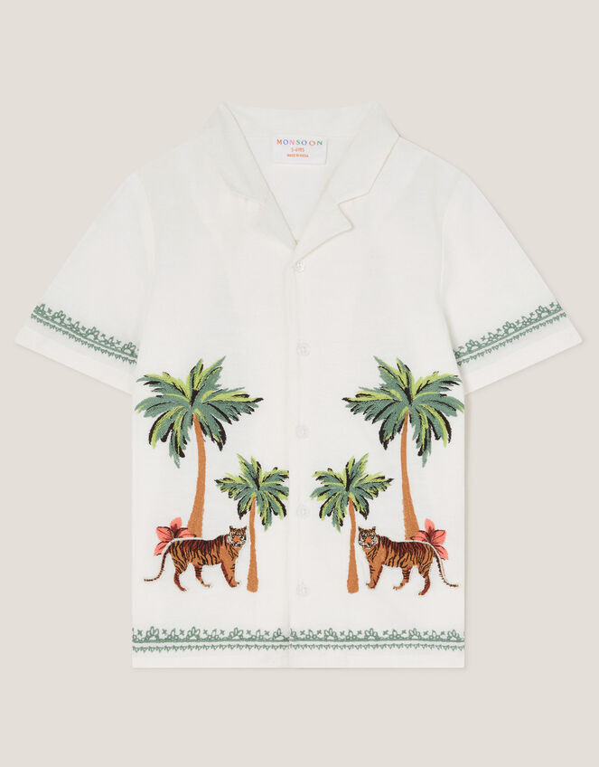 Tiger Embroidered Short Sleeve Shirt, Ivory (IVORY), large