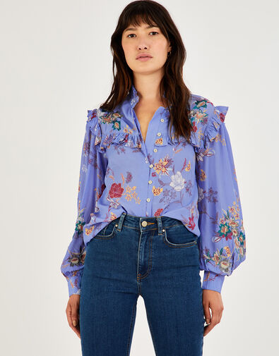 Floral Print Embroidered Blouse in Sustainable Viscose, Blue (BLUE), large