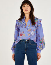 Floral Print Embroidered Blouse in Sustainable Viscose, Blue (BLUE), large