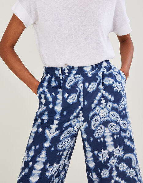 Ikat Print Trousers in Linen Blend Blue, Blue (BLUE), large