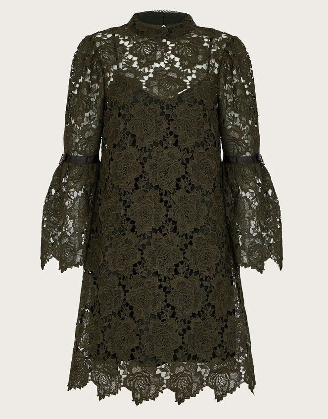 Eliza Long Sleeve Lace Mini Dress, Green (KHAKI), large