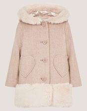 Baby Faux Fur Heart Coat, Camel (OATMEAL), large