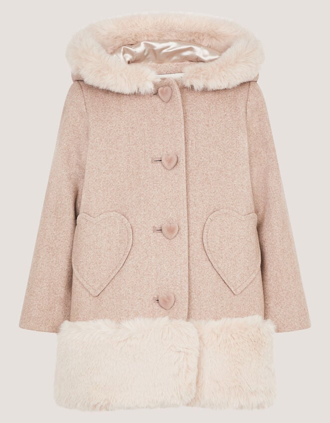 Baby Faux Fur Heart Coat, Camel (OATMEAL), large