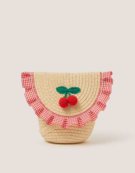 Cherry Gingham Straw Bag, , large