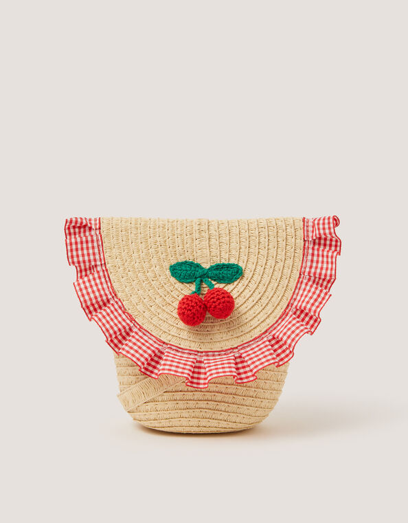 Cherry Gingham Straw Bag, , large