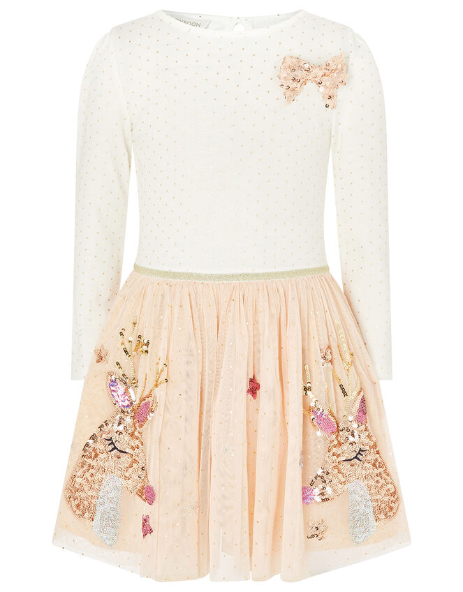 XMAS Sequin Reindeer Disco Dress, Nude (NUDE), large