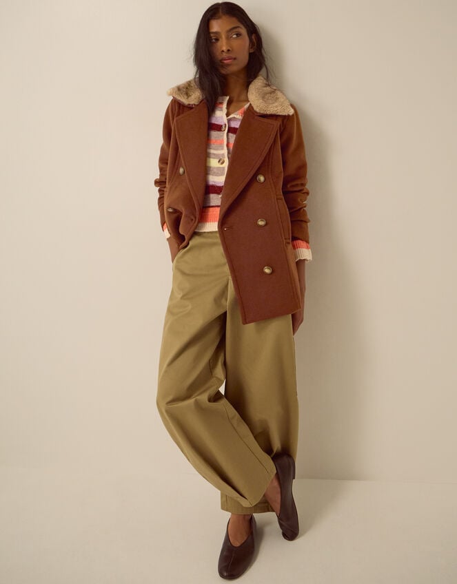 Sabrina Faux Fur Collar Pea Coat, Brown (BROWN), large