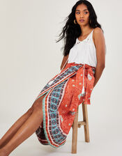 Print Wrap Skirt in Sustainable Linen, Orange (ORANGE), large