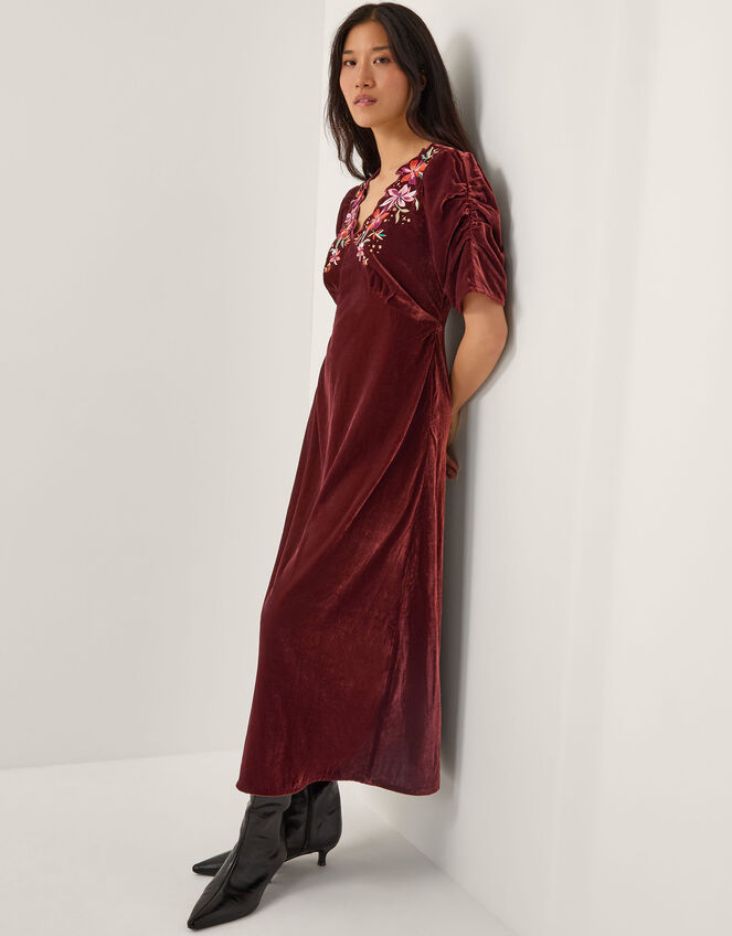 Josie Floral Embroidered Velvet Midi Dress, Copper (COPPER), large