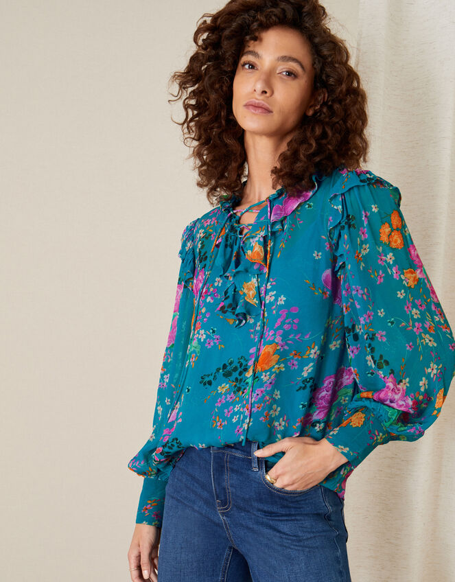 Omi Floral Frill Blouse, Blue (BLUE), large