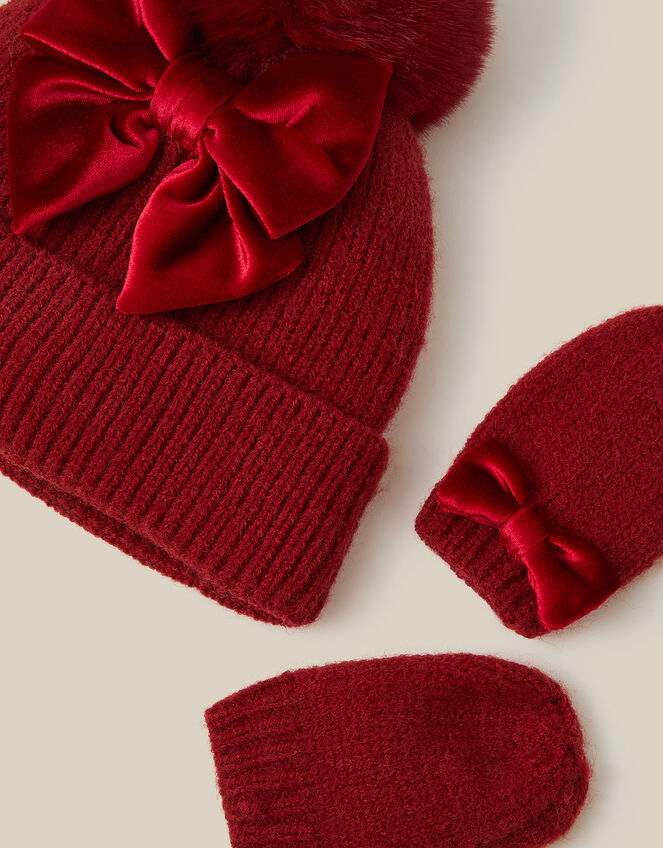 Baby Bow Beanie Hat & Mittens Set, Red (RED), large