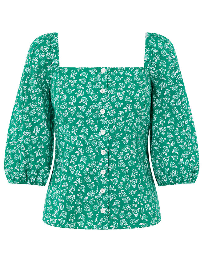 Rose Print Balloon Sleeve Top in Organic Cotton, Green (GREEN), large