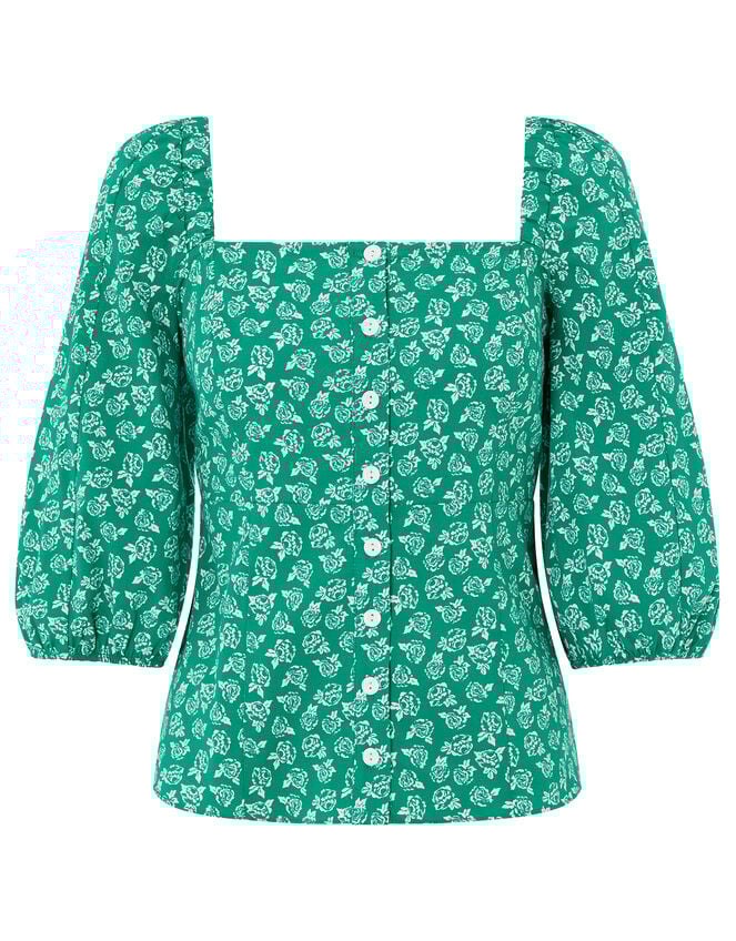 Rose Print Balloon Sleeve Top in Organic Cotton, Green (GREEN), large