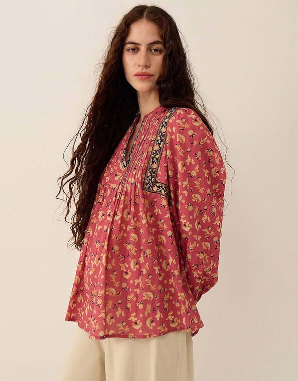 East Darney Floral Print Cotton Top, Red (BERRY), large