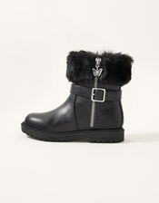 Fur Trim Butterfly Zip Boots, Black (BLACK), large