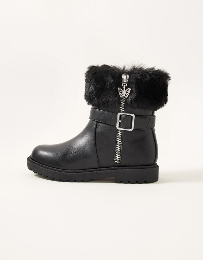 Fur Trim Butterfly Zip Boots, Black (BLACK), large