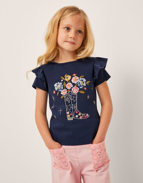 Floral Cowboy Boot Embroidered T-Shirt, Blue (NAVY), large