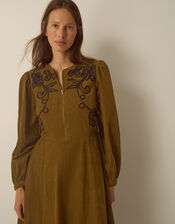 Edie Long Sleeve Embroidered Corduroy Midi Dress, Green (CHARTREUSE), large
