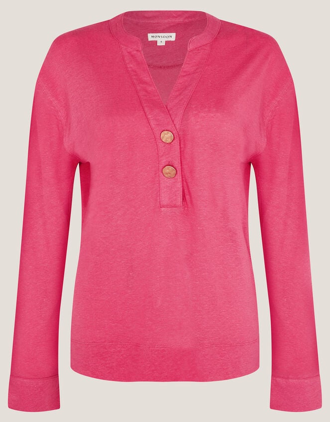 Asher Long Sleeve Linen-Blend Top, Pink (PINK), large