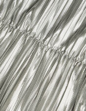 Long Sleeve Metallic Plisse Dress, Silver (SILVER), large