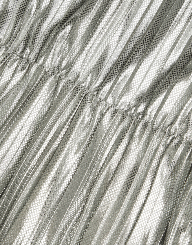 Long Sleeve Metallic Plisse Dress, Silver (SILVER), large