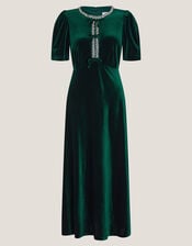 Celeste Embellished Bow Velvet Midi Dress, Green (DARK GREEN), large