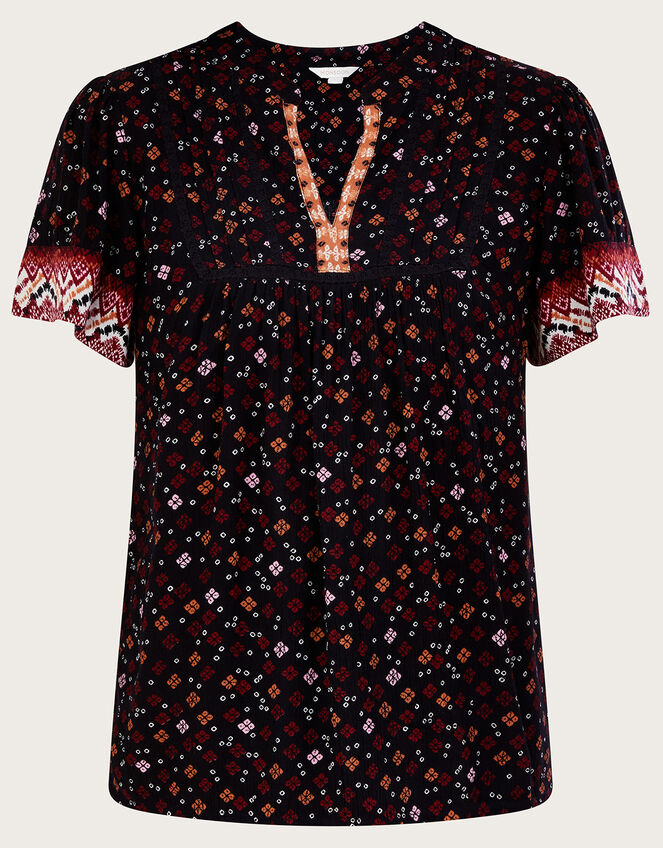 Print Heritage Border Short Sleeve Top, Black (BLACK), large