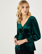 Gracie Button Through Velvet Blouse, Green (GREEN), large