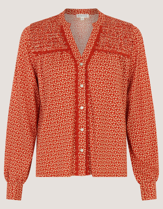 Palmer Print Smocked Jersey Top, Red (RED), large