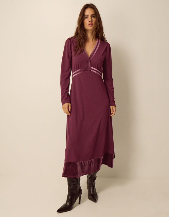 Viv Velvet V-Neck Jersey Midi Dress, Purple (AUBERGINE), large