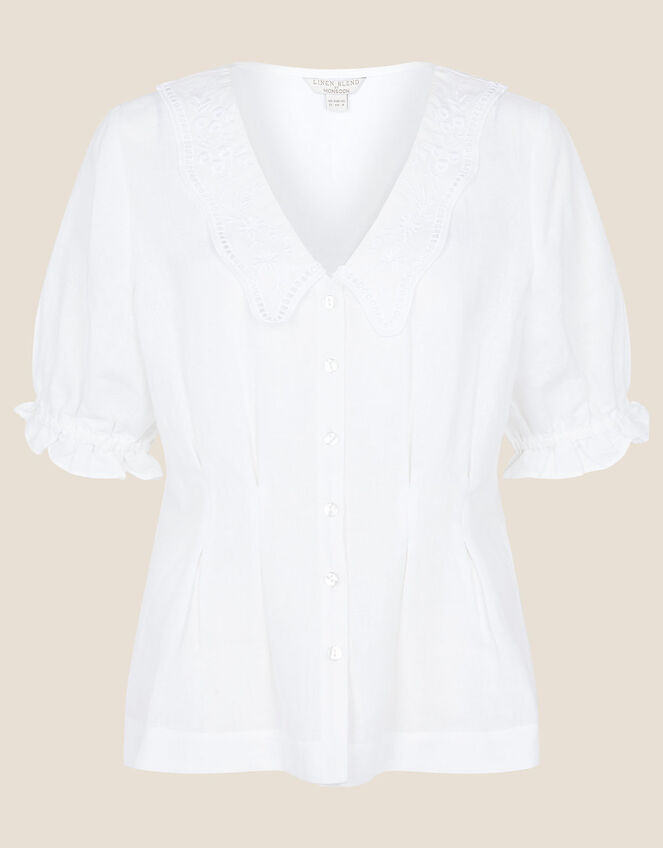 Embroidered Collar Puff Sleeve Blouse, White (WHITE), large