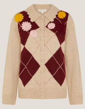 Ami Floral Argyle Collar Cardigan, Natural (NATURAL), large