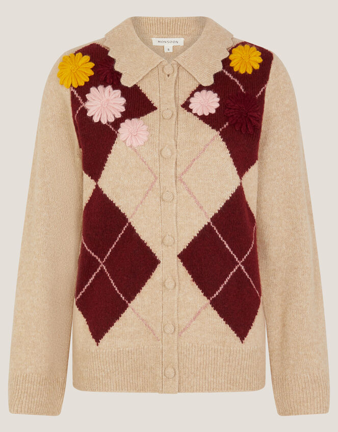 Ami Floral Argyle Collar Cardigan, Natural (NATURAL), large