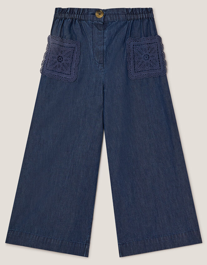 Wide Leg Chambray Crochet Trousers, Blue (BLUE), large